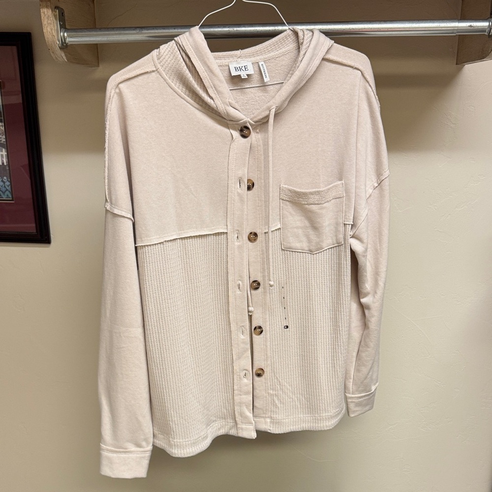 BKE Ivory Button-Front Hooded Top